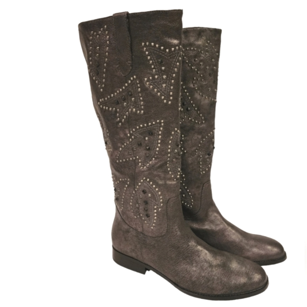 frye & co Pewter Distressed Leather Studded Phoenix Pull-on Cowboy Boots size 8